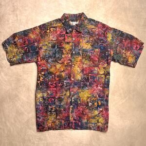Vintage 90s Multicolor Patchwork Tropical Print Button Up Shirt Island Fish Boho